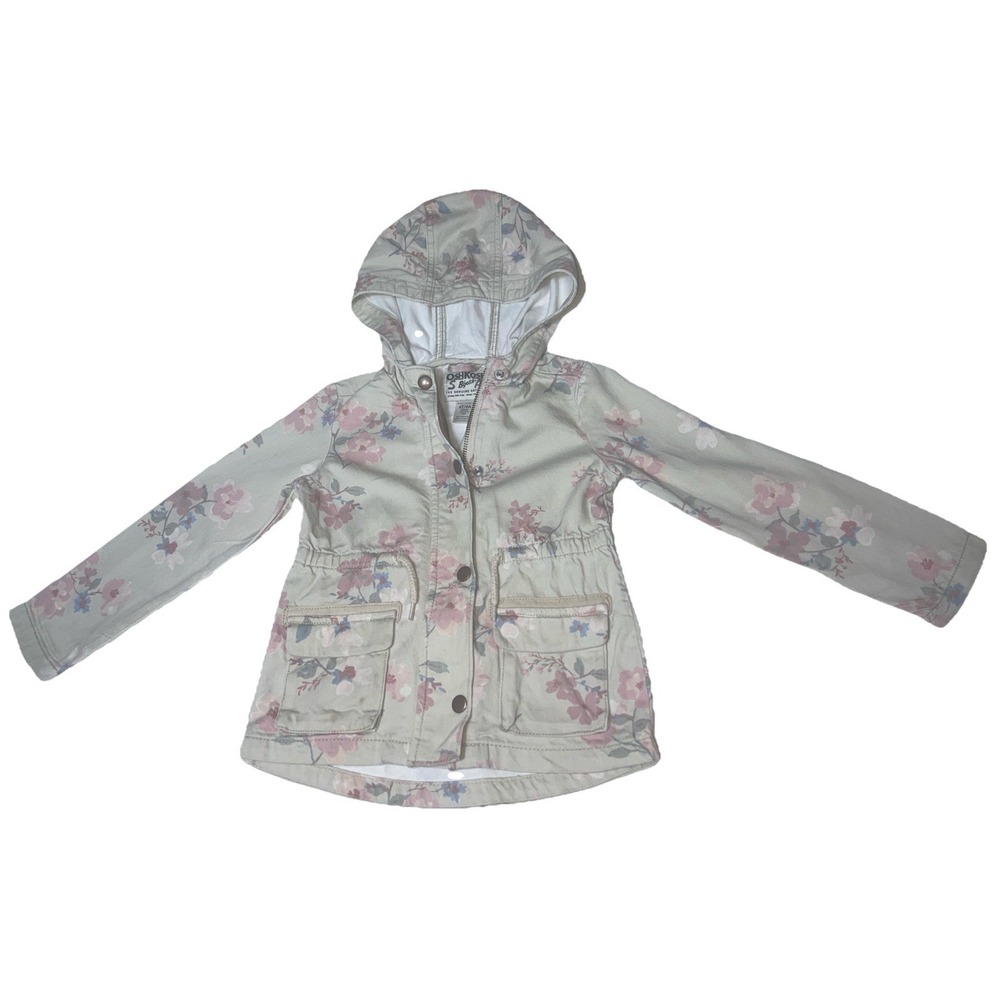 Girl 4T Oshkosh B'gosh Denim Jacket Beige Pink Blue Floral‎ drawstring Waist